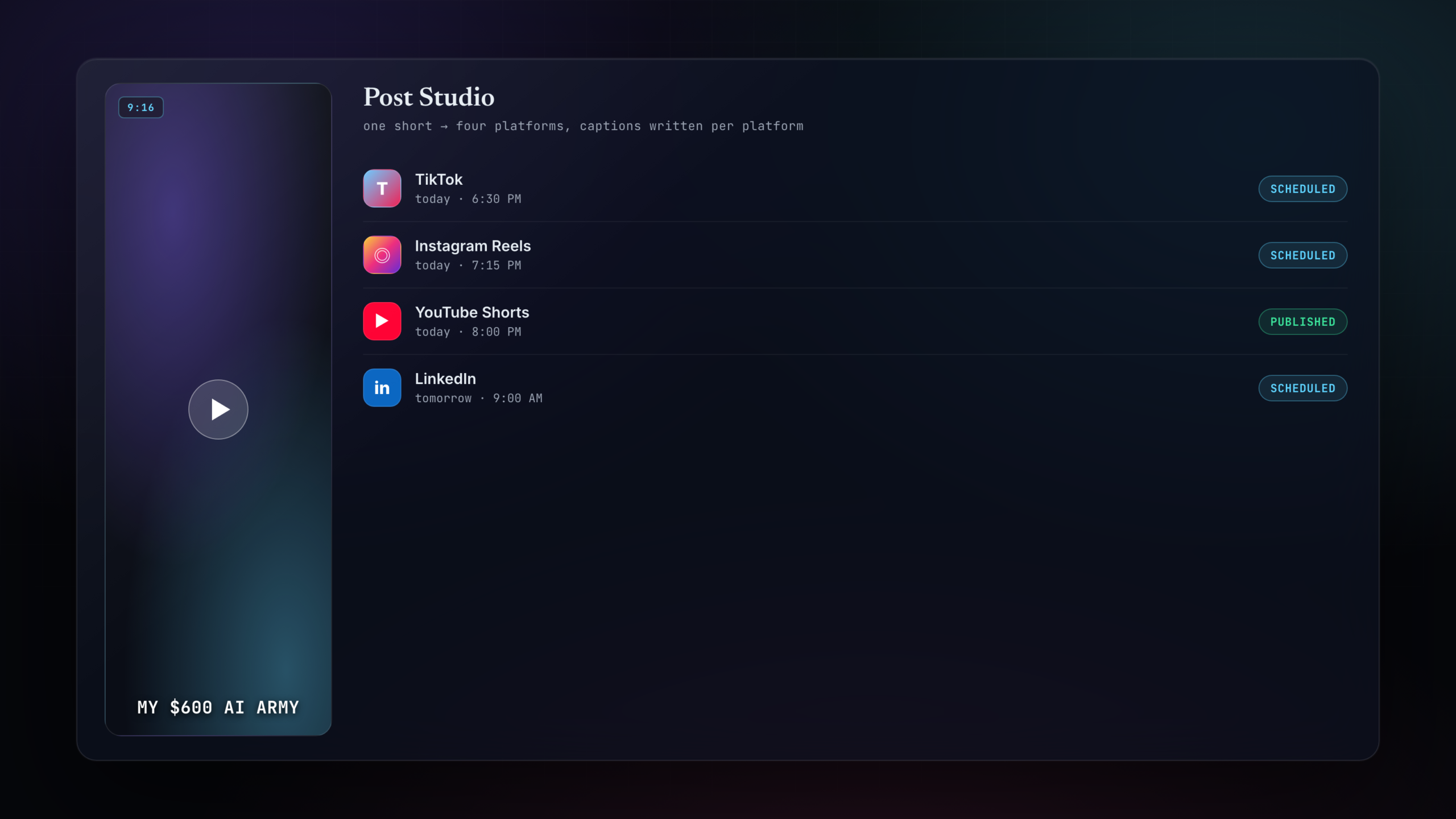 Post Studio scheduling one short to four platforms