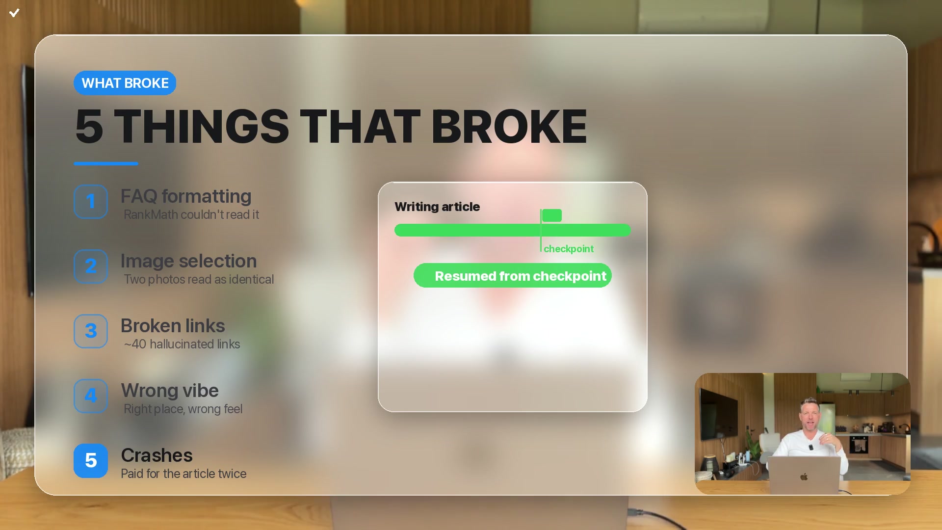 Video graphic listing the five failures: FAQ formatting, image selection, broken links, wrong vibe, crashes