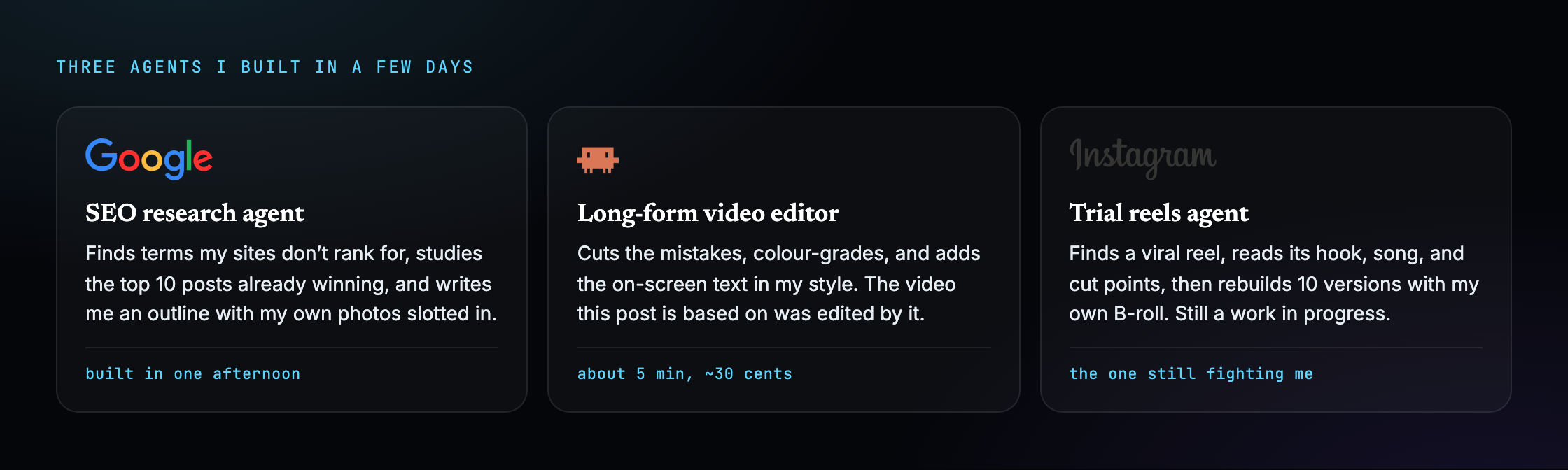Three cards describing an SEO research agent, a long-form video editor agent, and a trial reels agent