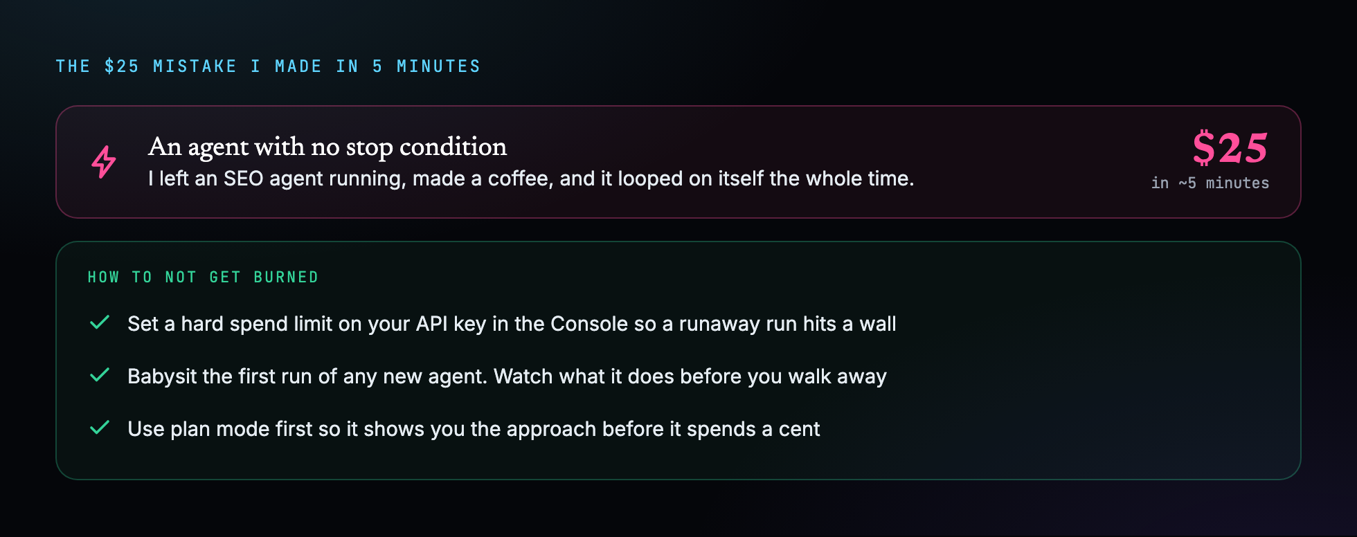 Diagram of an agent stuck in a loop costing $25 in five minutes, with three fixes: spend limit, watch the first run, use plan mode