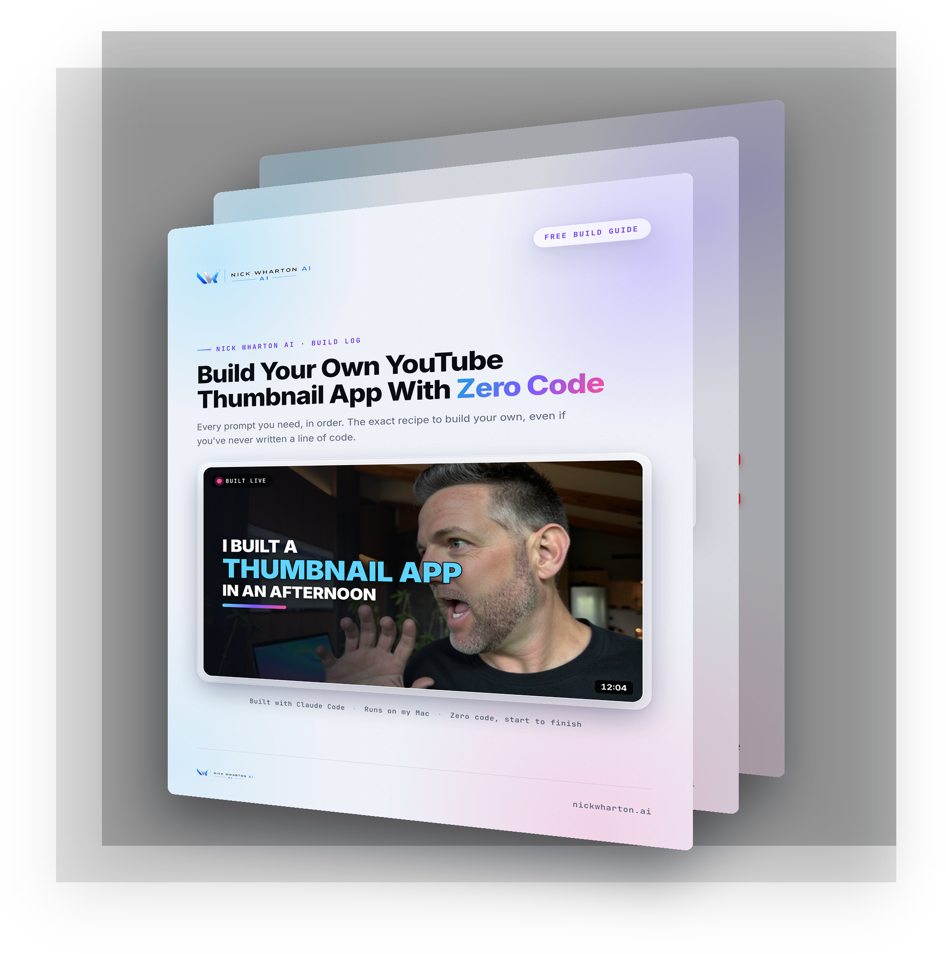 The free guide: How to Build a YouTube Thumbnail App by Nick Wharton AI, cover and inside pages fanned out