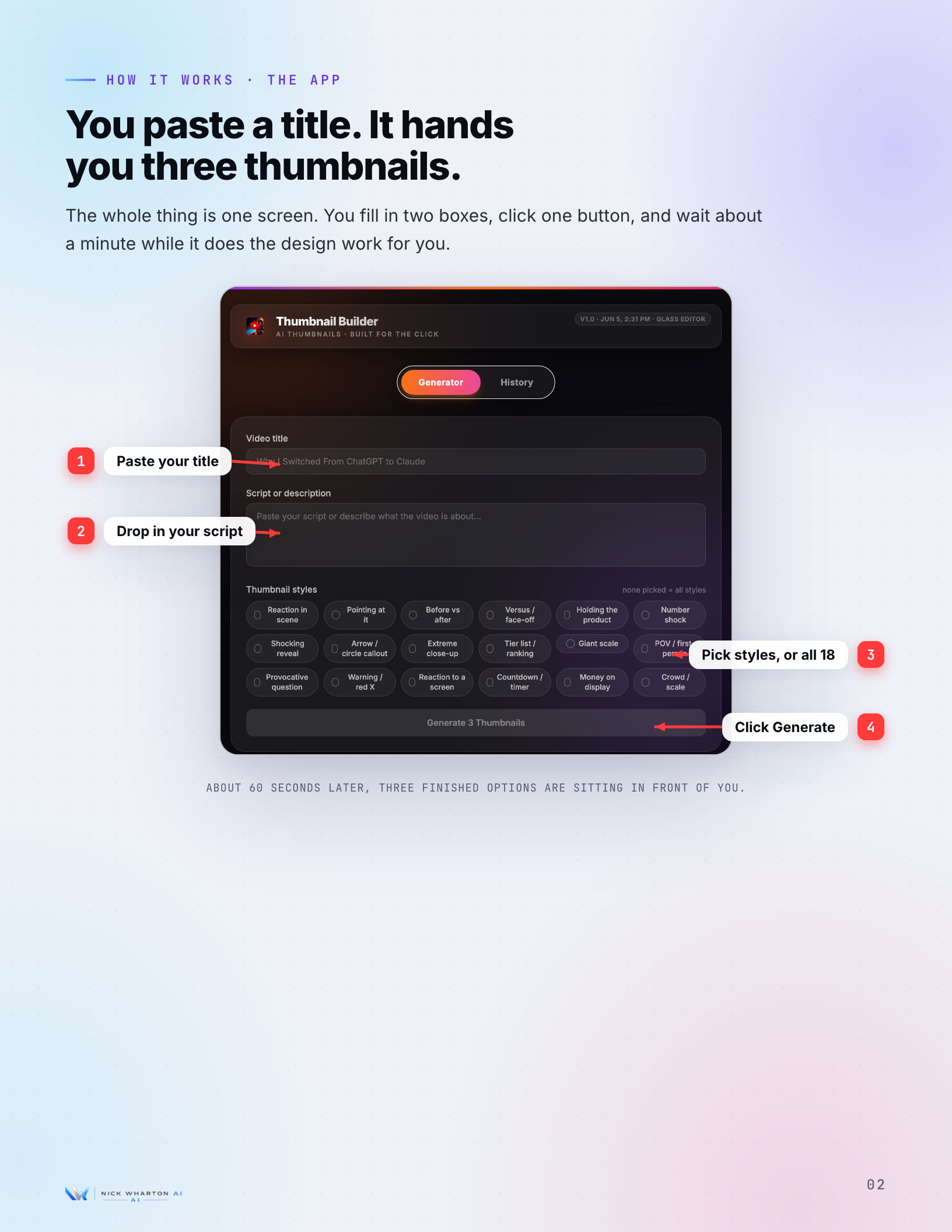 How It Works page: paste a title, get three thumbnails on one screen