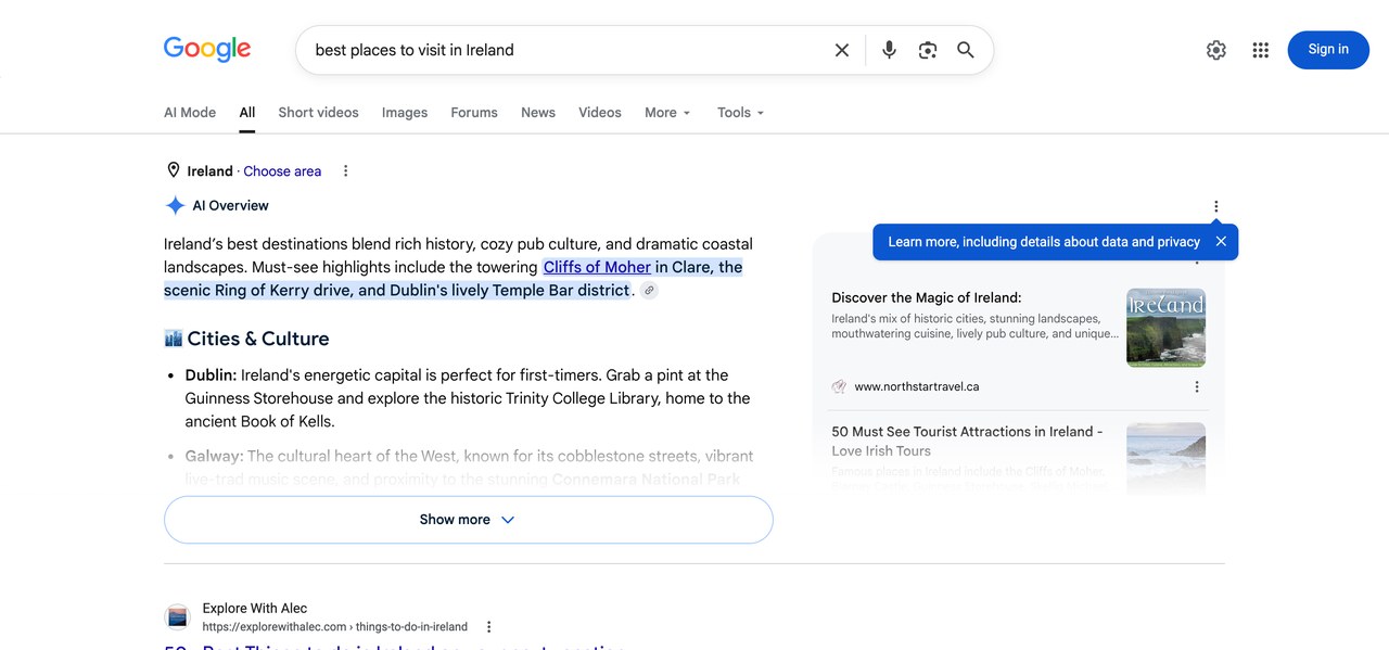 Google search results where an AI Overview answers the question at the top, pushing the first blog link far down the page
