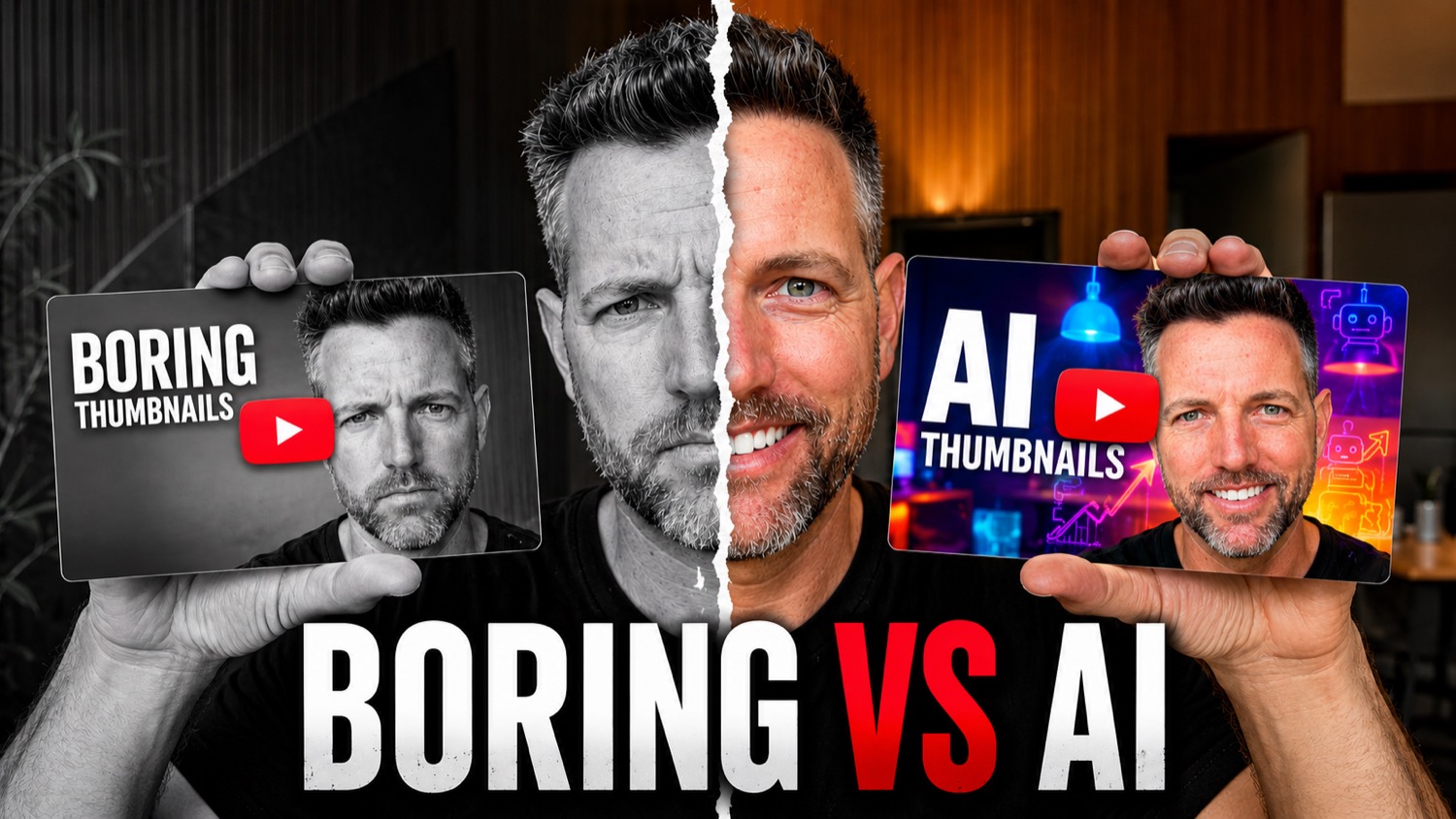 A side by side showing a plain Canva-style thumbnail next to a bright high-contrast AI-generated one