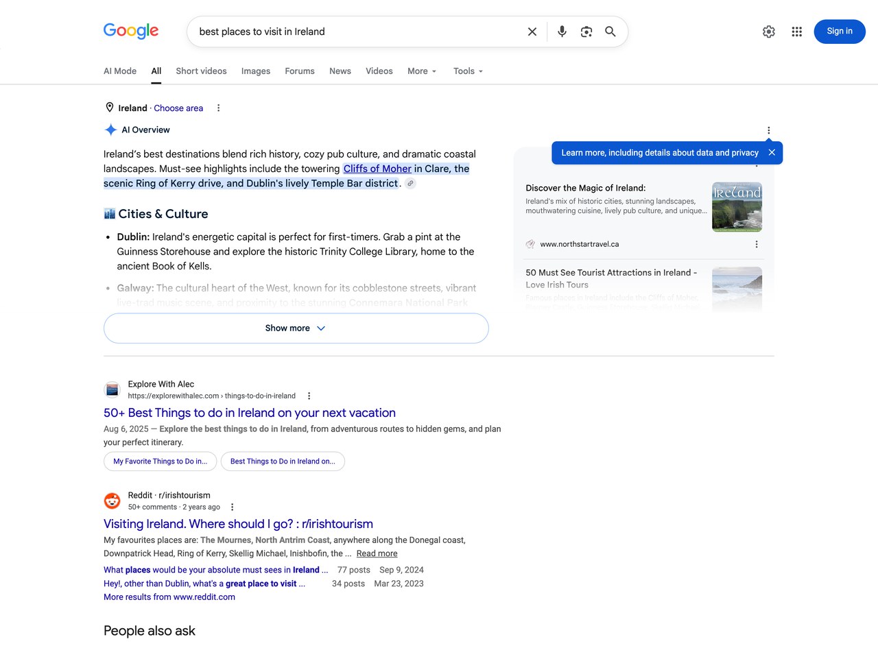 Google search results for best places to visit in Ireland with the AI overview and top posts