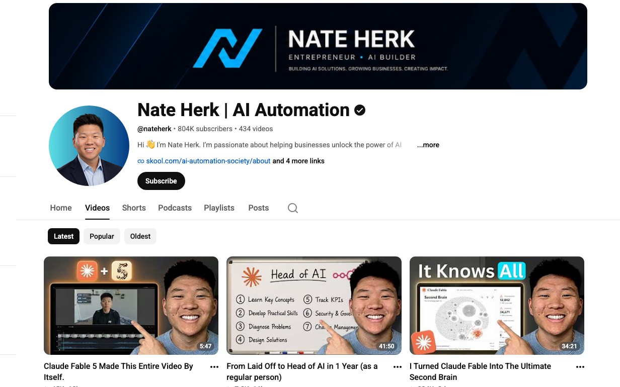 Screenshot of Nate Herk's YouTube channel, AI Automation, with his video grid