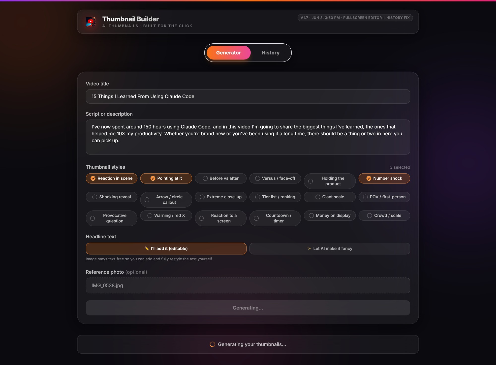 The real Thumbnail Builder generating state: the form locked and a progress row reading Generating your thumbnails