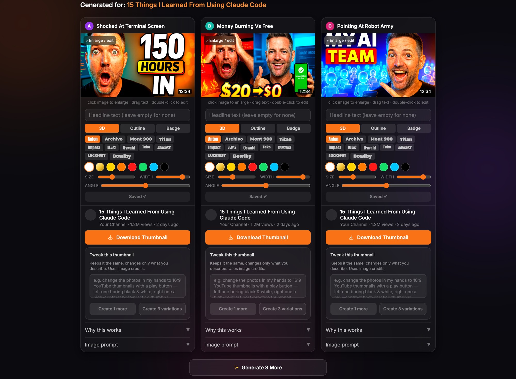 The real Thumbnail Builder results grid: three generated thumbnails of Nick with editing controls and Download Thumbnail buttons