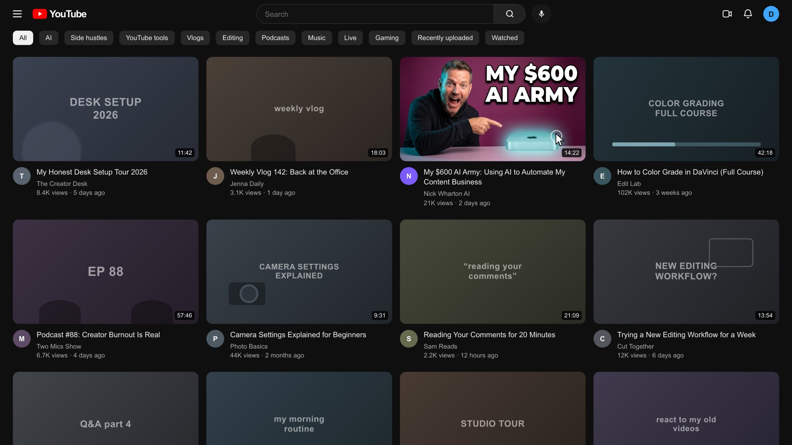 A dark YouTube home feed where a generated thumbnail of Nick pointing at a Mac mini, reading MY 600 DOLLAR AI ARMY, stands out among ordinary videos