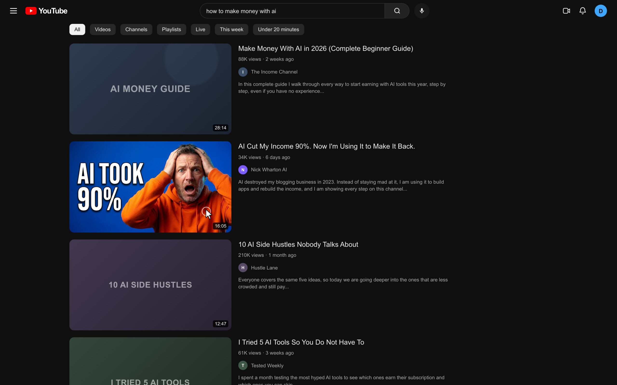 A dark YouTube search results page for how to make money with ai, where Nick's generated AI TOOK 90 PERCENT thumbnail stands out in row two