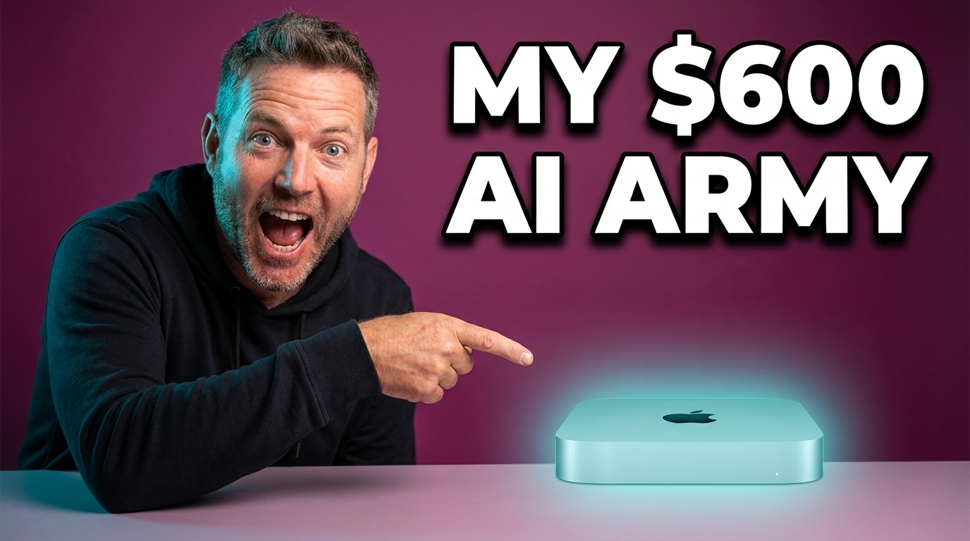 Generated thumbnail: Nick pointing at a Mac mini with text MY 600 DOLLAR AI ARMY