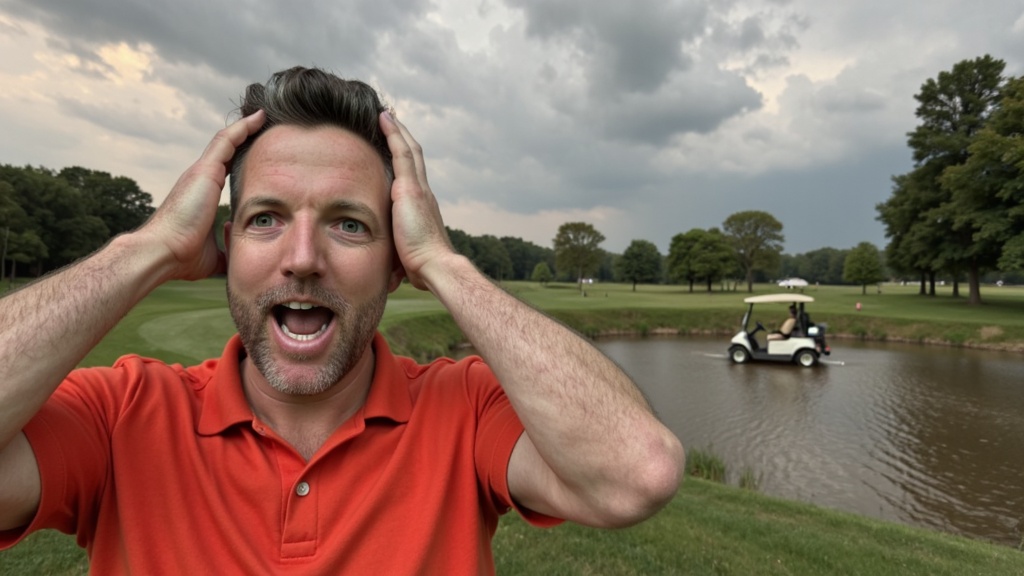 Generated thumbnail: Nick with a shocked face on a golf course