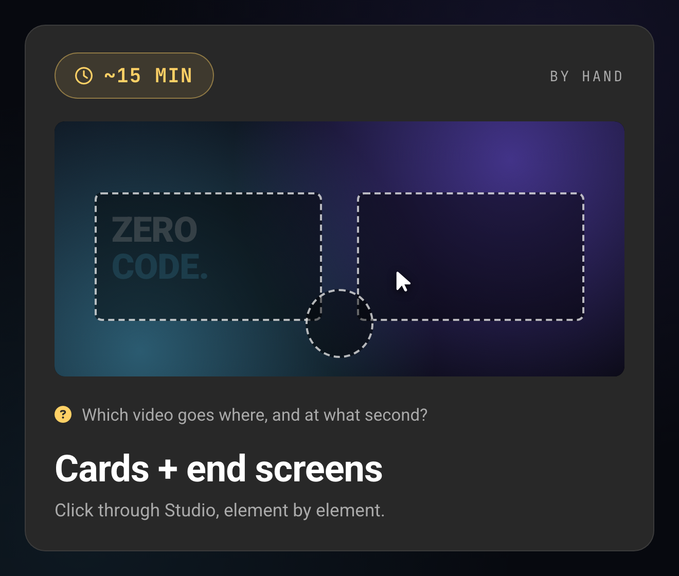 The Studio end-screen editor mid-click, with a clock chip showing about 15 minutes by hand