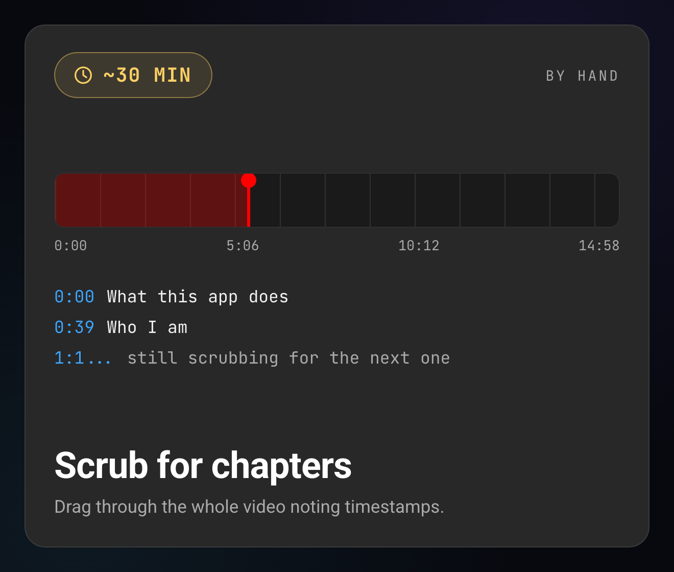 A video scrubber and a half-finished timestamp list, with a clock chip showing about 30 minutes by hand