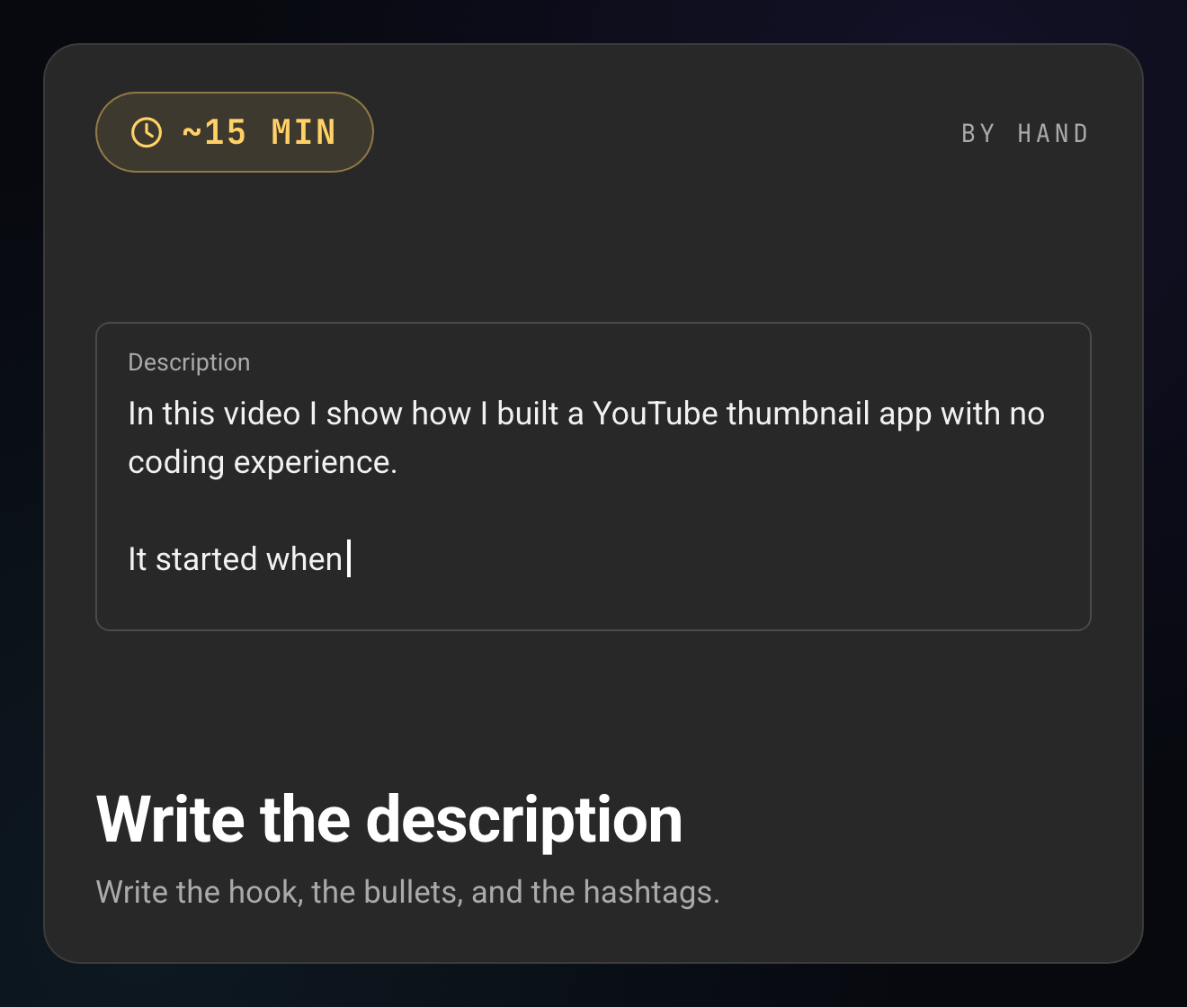 Studio description box being written, with a clock chip showing about 15 minutes by hand