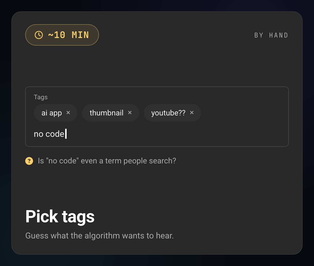 A Studio tags field with guessed tags, with a clock chip showing about 10 minutes by hand