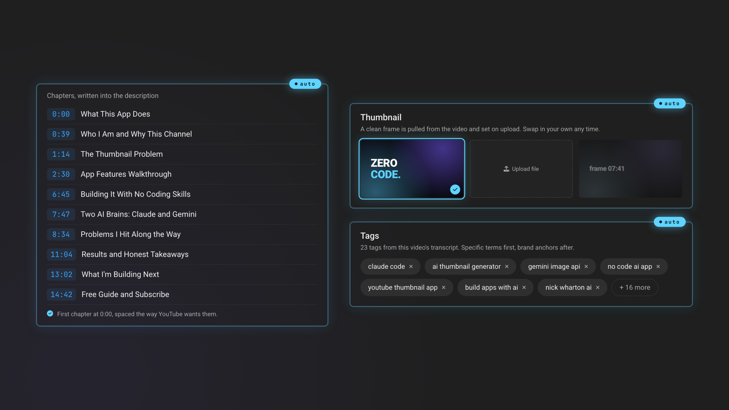Chapter timestamps, the set thumbnail, and 23 generated tags shown as filled Studio fields with auto badges