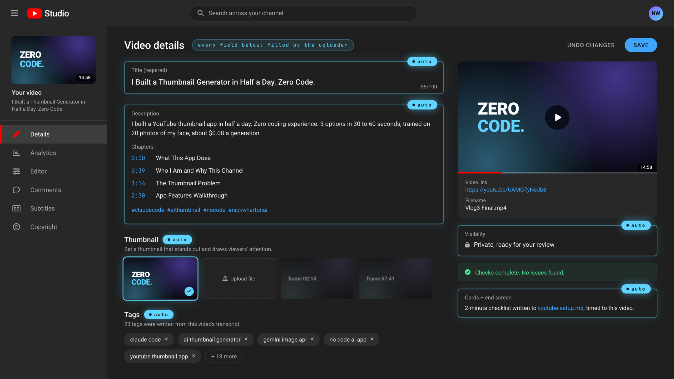 The auto-filled YouTube Studio video details screen