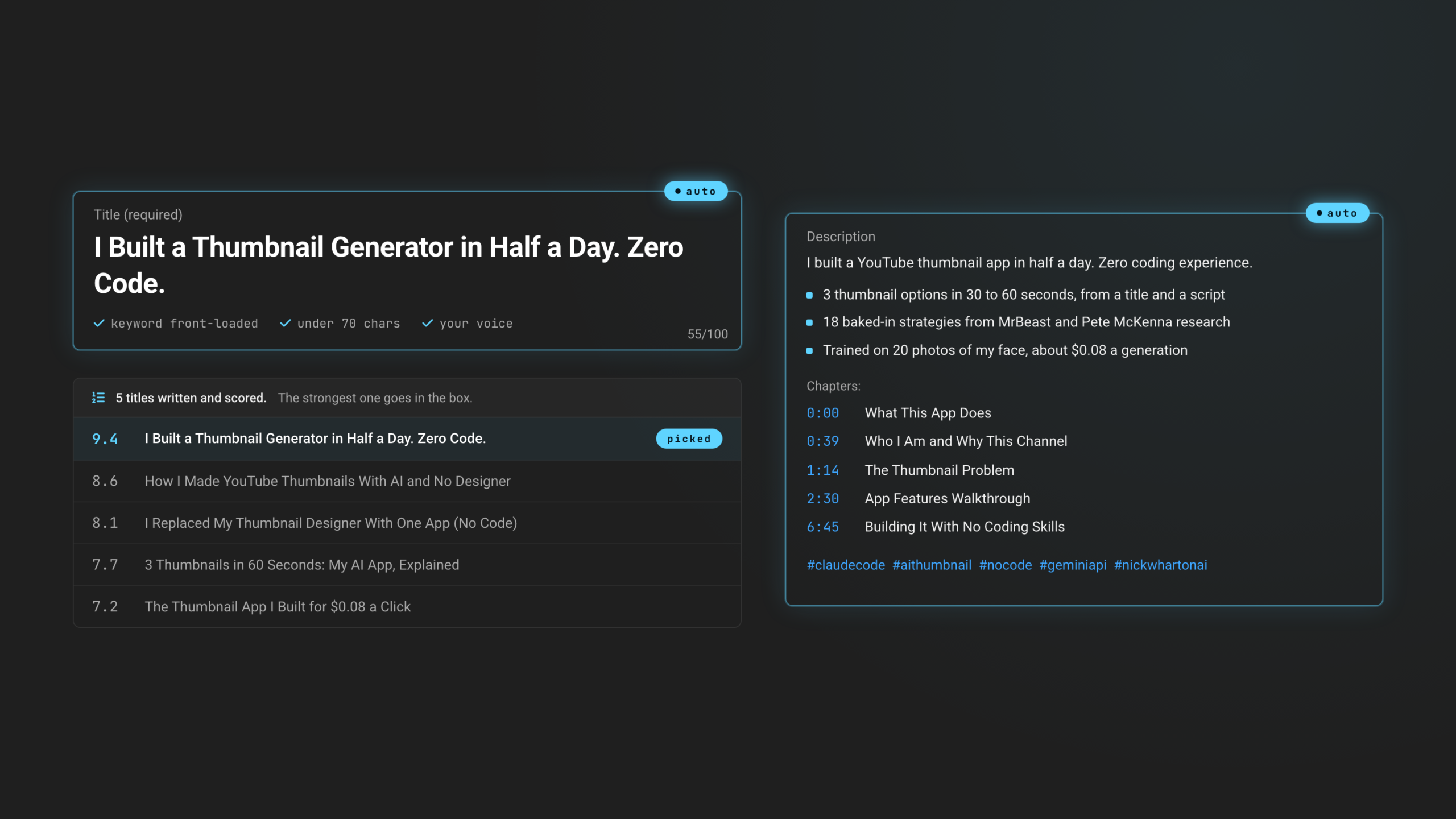Studio title and description fields filled by the uploader, with five scored title options and the strongest one picked